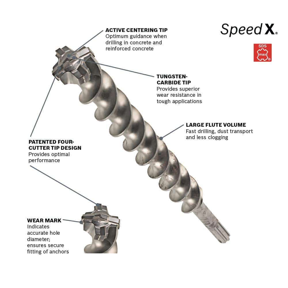 Bosch 2 in. x 16 in. x 21 in. SDS-Max Speed-X Carbide Rotary Hammer Drill Bit for Concrete Drilling HC5099