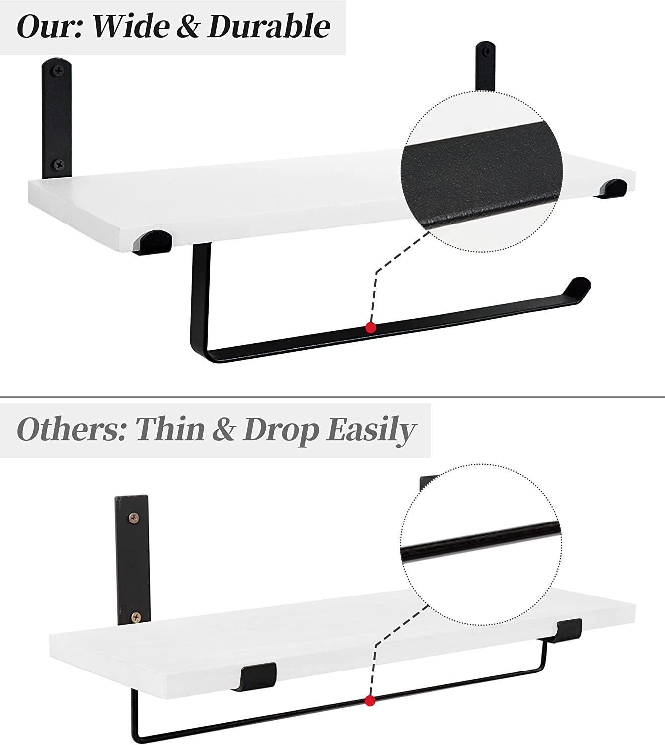 Afuly White Floating Shelves with Towel Bar, Modern Wall Mounted Shelf for Bathroom Set of 2