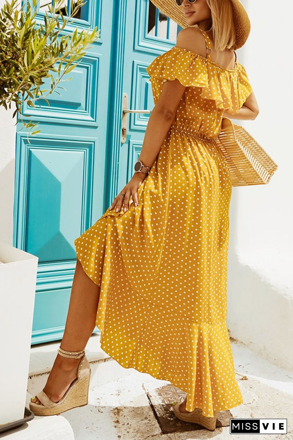 Dot Ruffles Off Shoulder Irregularity Maxi Dress