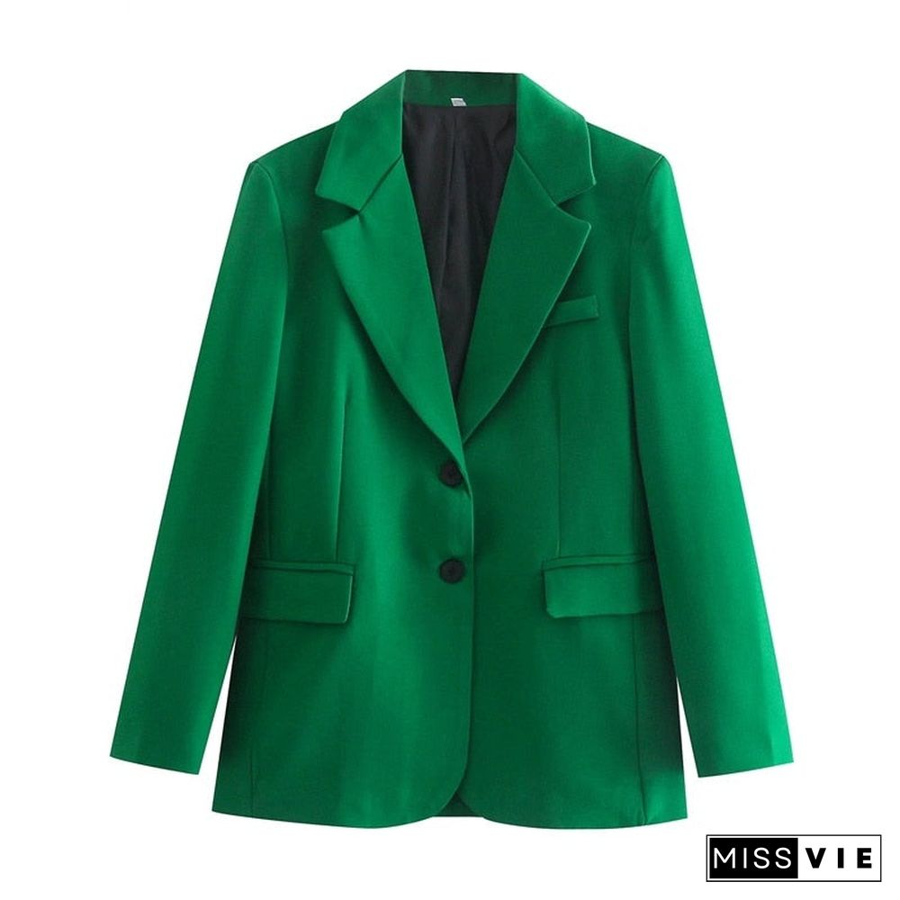 Tangada Women Solid Green Blazer Coat Vintage Notched Collar Pocket Fashion Female Casual Chic Tops Qd58