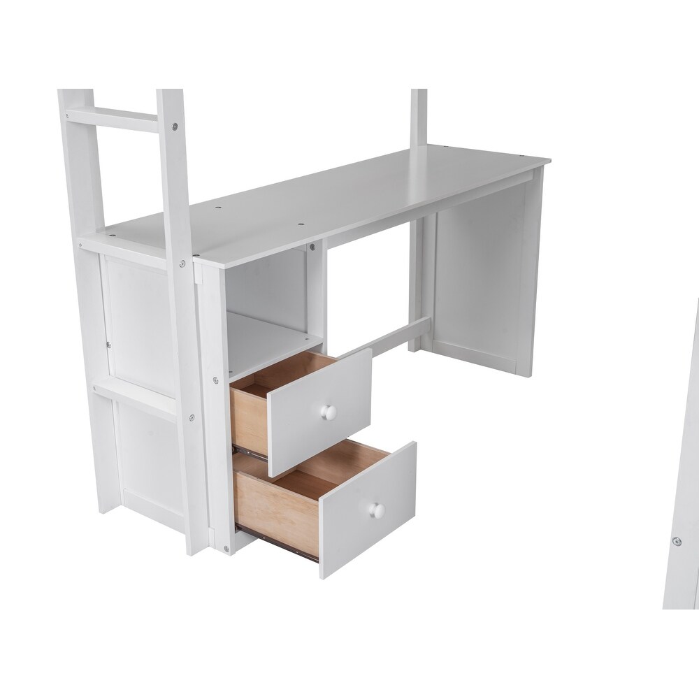 Full Size Pine Loft Bed w/ Wardrobes Storage Bed   Drawer  Desk Upholstered Bed Frame  Space Saving/No Box Spring Required