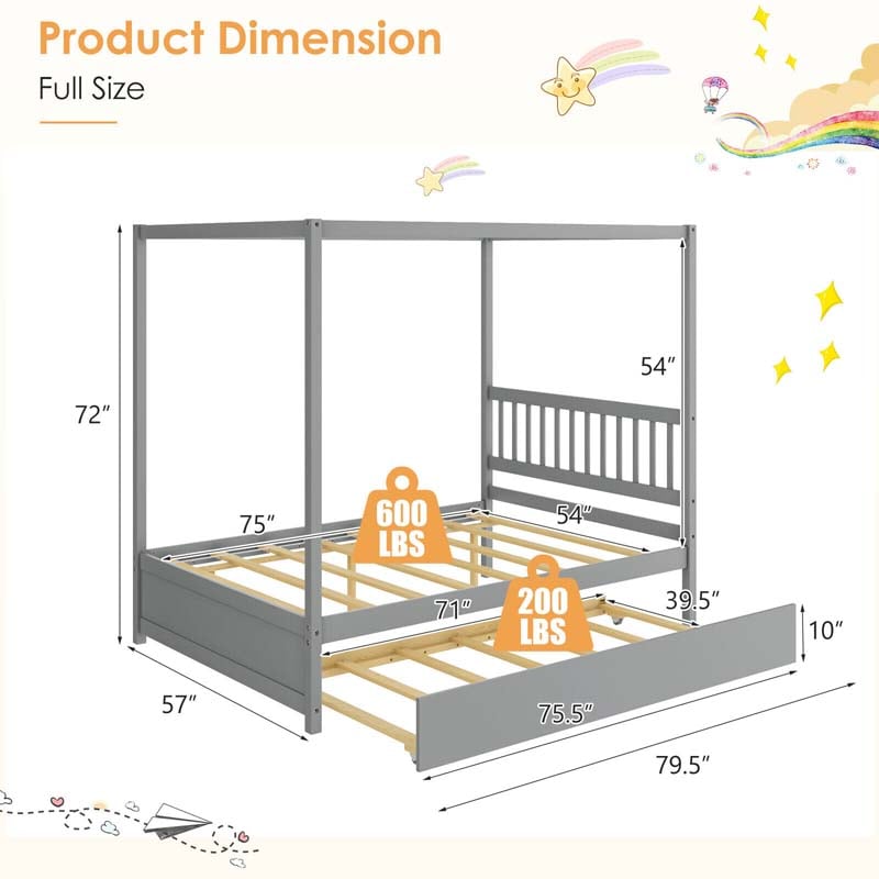 Full Size Canopy Bed with Trundle, Solid Wood Platform Bed Frame with Headboard, Full Bed for Kids Teens Adults