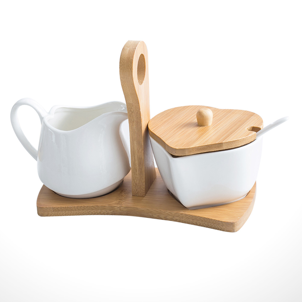 Tinksky Ceramic Sugar Bowl and Cream Pitcher Set with Bamboo Tray and Spoon for Home Hotel