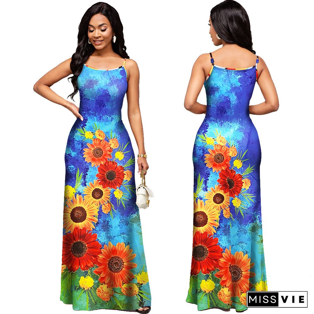 Summer Casual Sunflower Print Sleeveless Spaghetti Straps Beach Evening Party Slim Maxi Dress