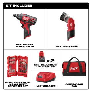 MW M12 12V Lithium-Ion Cordless 14 in. Hex ScrewdriverLED Worklight Kit with (2) 1.5Ah BatteriesBit Set  Bag 2482-22