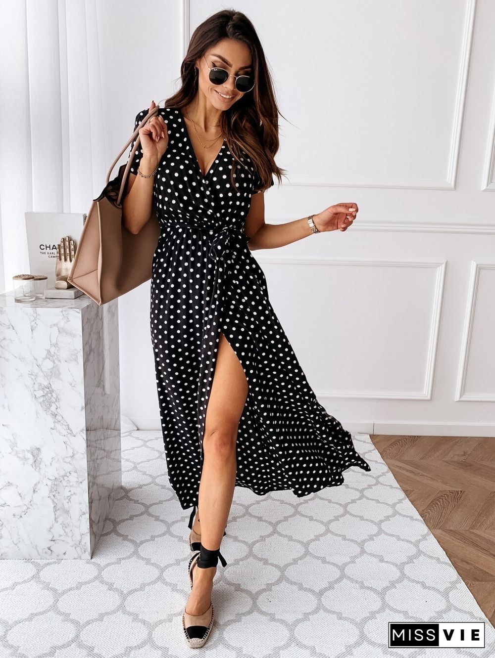 Bohemian Dot Print Dress Women Summer Short Sleeve V-neck Dress Women High Waist Slit Beach Dress Vestido Feminino