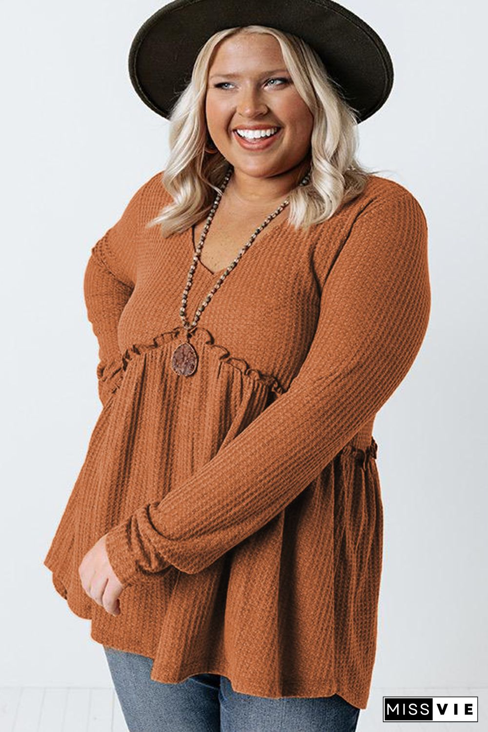 Plus Size Ruffled Waffle Knit Top