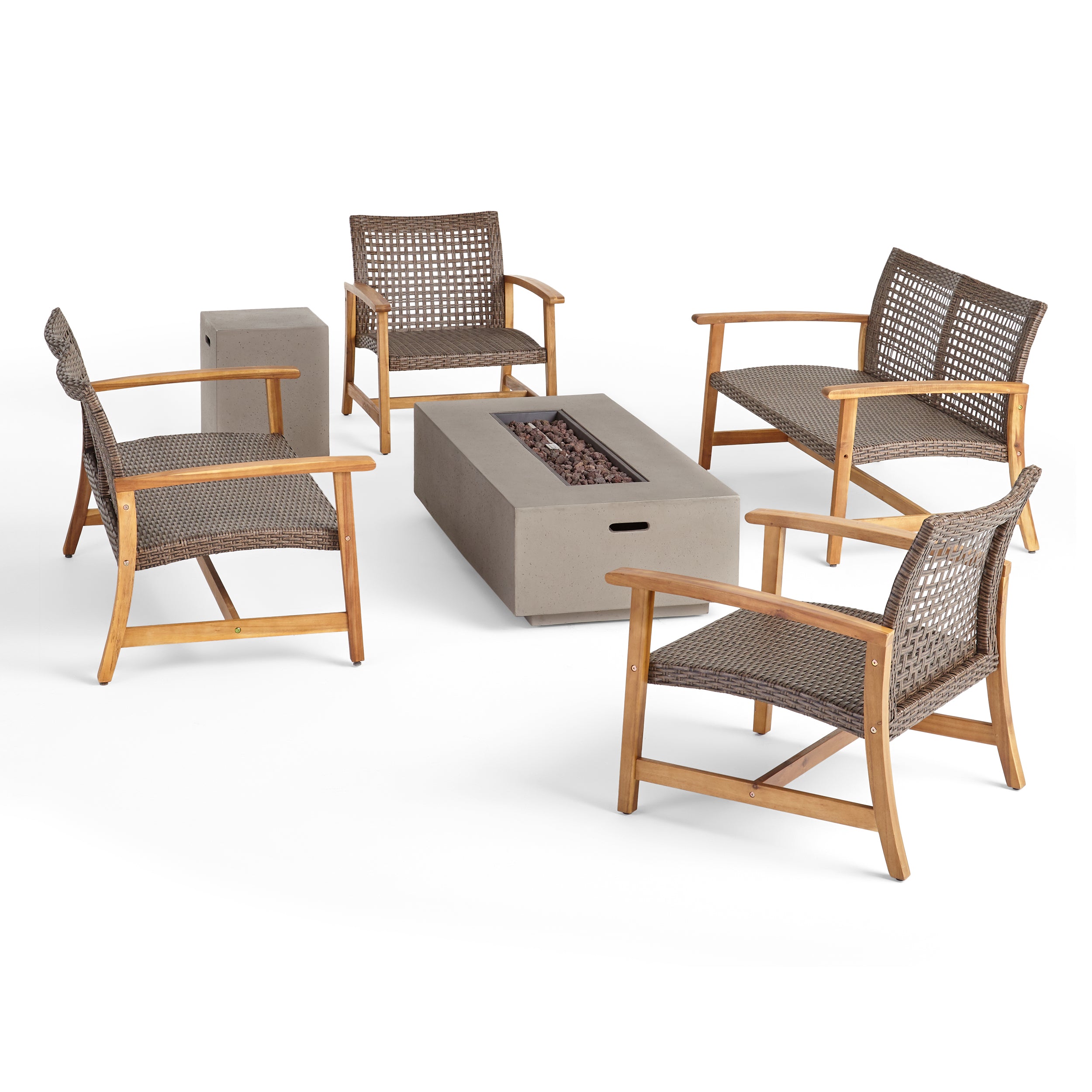 Tabby Outdoor 6 Seater Wood and Wicker Chat Set with Fire Pit