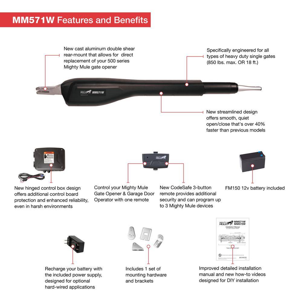 Mighty Mule Heavy Duty Single Swing Gate Opener Smart and Solar Capable MM571W