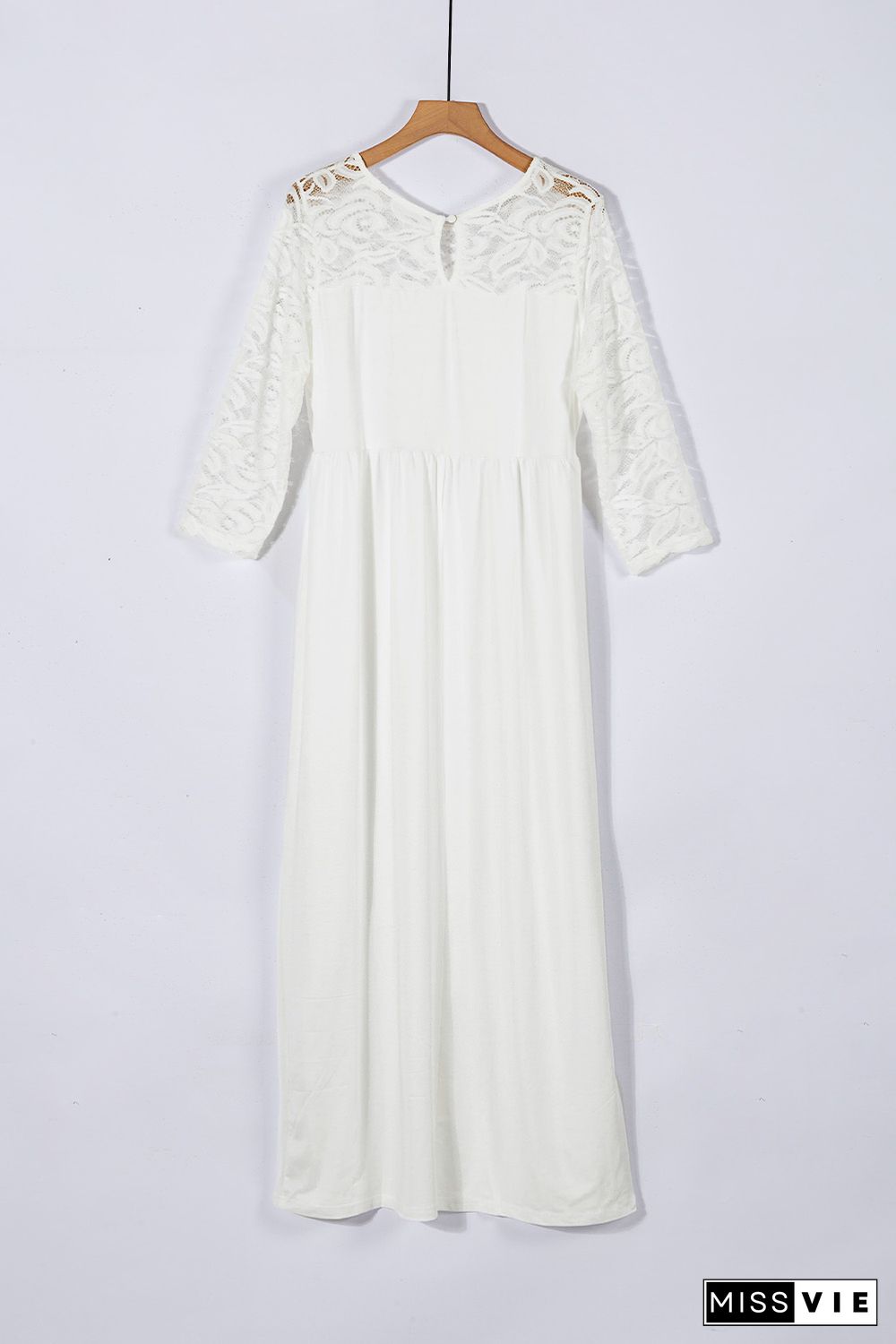 White Plus Size 3/4 Lace Sleeve Yoke Maxi Dress