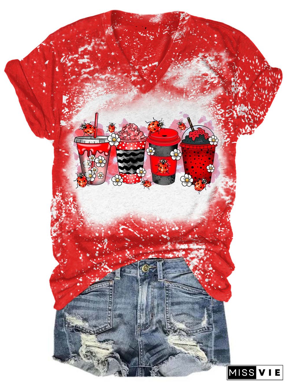 LadyBug Coffee Drink Bleaching V Neck T-shirt