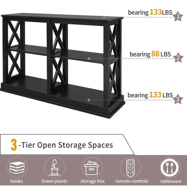 Hollow Out Design Console Table with 3-Tier Open Shelfs， Classic Solid Wood Sofa Table Entryway Table for Living Room Entryway