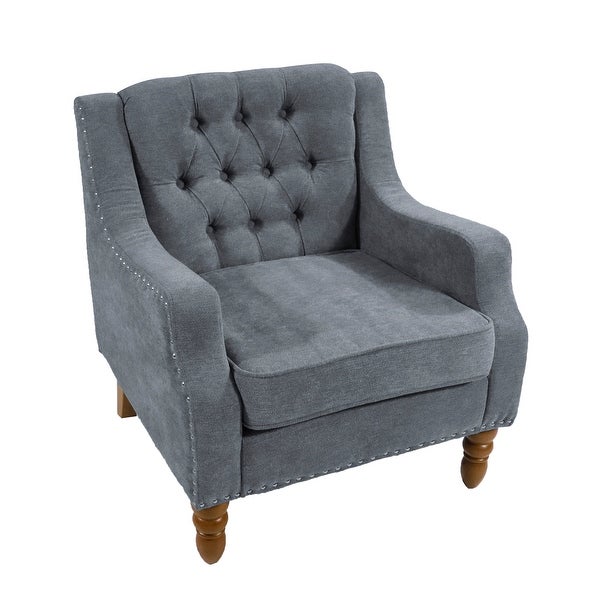 Button Tufted Upholstered Arm Accent Chair with Vintage Studs， Grey