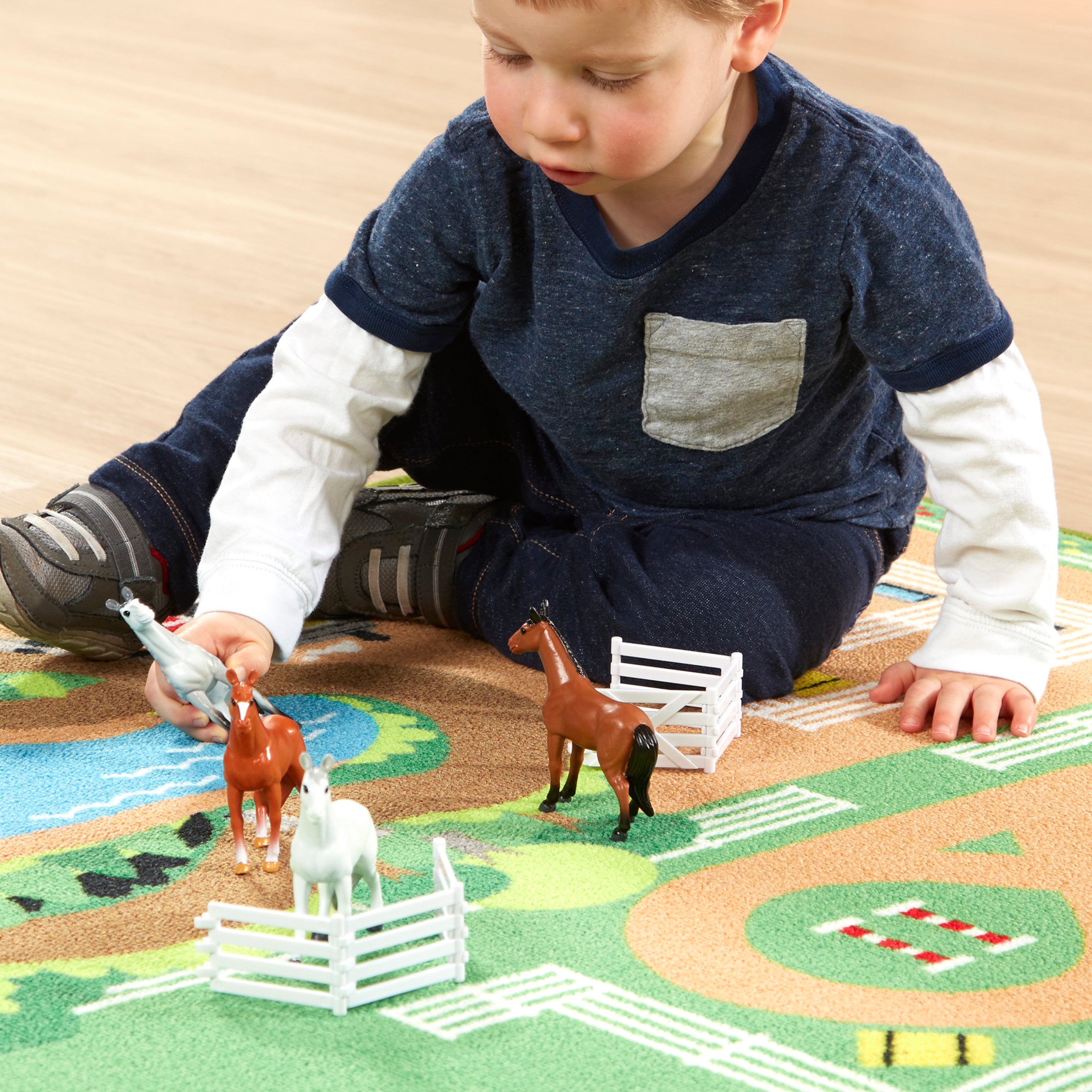 Melissa and Doug Round the Ranch Horse Activity Rug (39 x 36 inches) With 4 Play Horses and Folding Fence