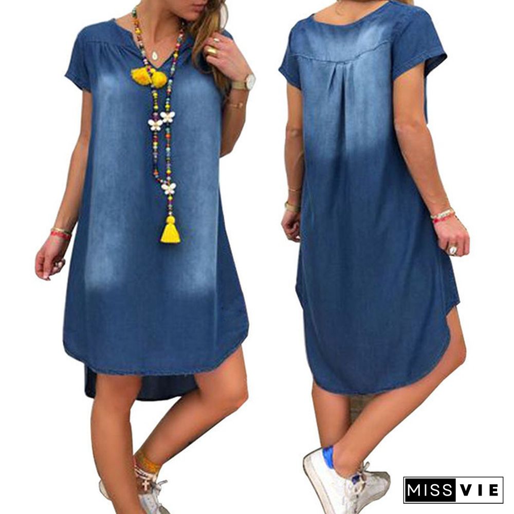 Women Fashion Summer Plus Size Short Sleeve Loose Denim Mini Jeans Dress