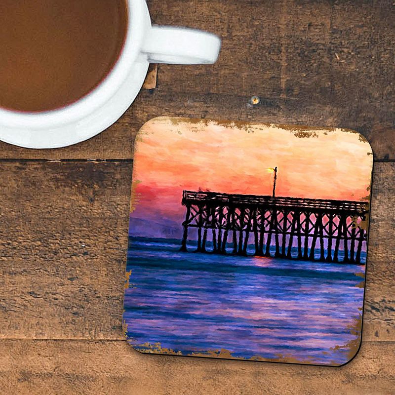 Pier at Sunset Coastal Wooden Cork Coasters Gift Set of 4 by Nature Wonders