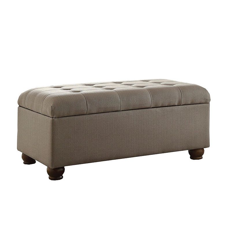 Textured Fabric Upholstered Button Tufted Storage Bench With Wooden Bun Feet， Gray and Brown