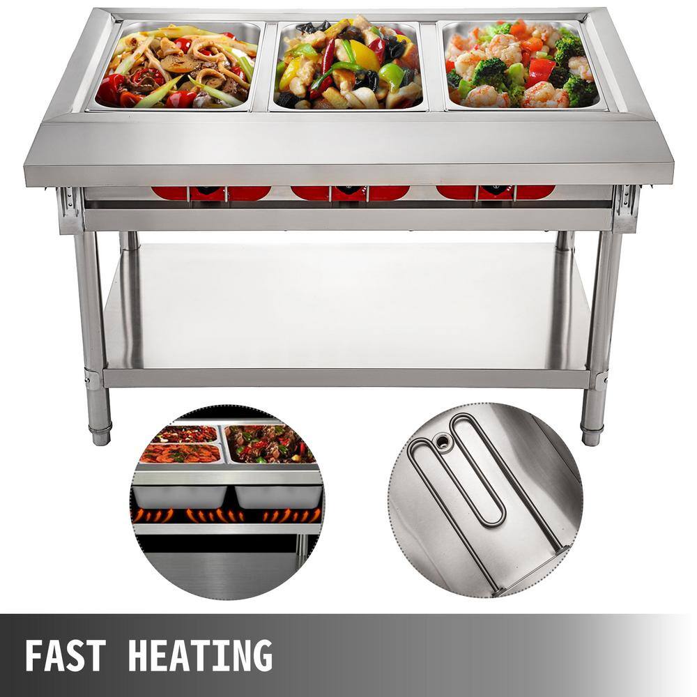 VEVOR Commercial Electric Food Warmer 3-Pot Steam Table Food Warmer 1500 Watt Stainless Steel Steam Table for Restaurant CJRT3G1500W000001V1