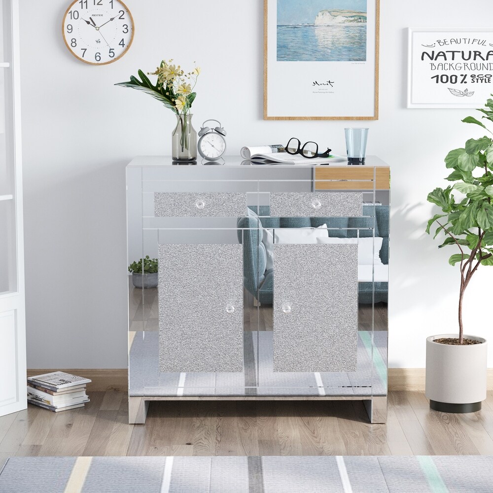 Mirrored Accent Cabinet  Silver TV Console Cabinet Modern Glass Sideboard with 2 Drawers   2 Cabinets