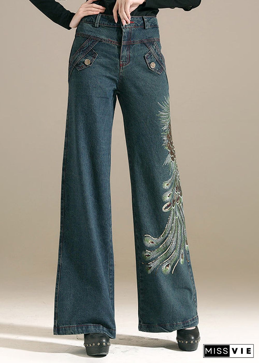 Chic Denim Blue Sequins Embroideried Pockets Cotton Wide Leg Pants Summer