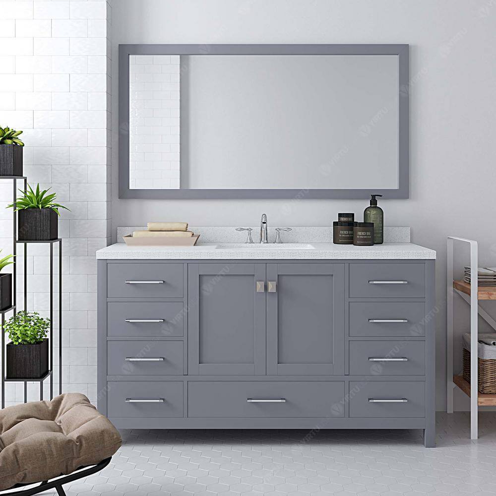 Virtu USA Caroline Avenue 60 in. W Bath Vanity in Gray with Quartz Vanity Top in White with White Basin and Mirror GS-50060-DWQSQ-GR