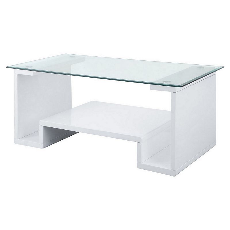 Coffee Table with High Gloss and Open Geometric Base， White