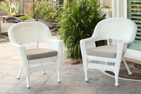 Jeco White Wicker Chair With Tan Cushion   Set of ...