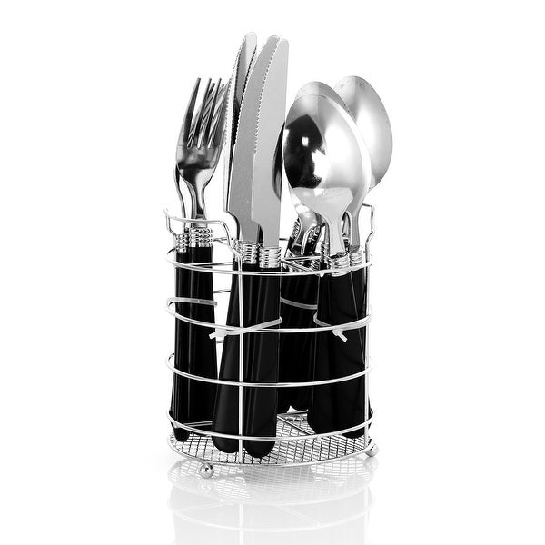 16 Piece Flatware in Black with Metal Caddy