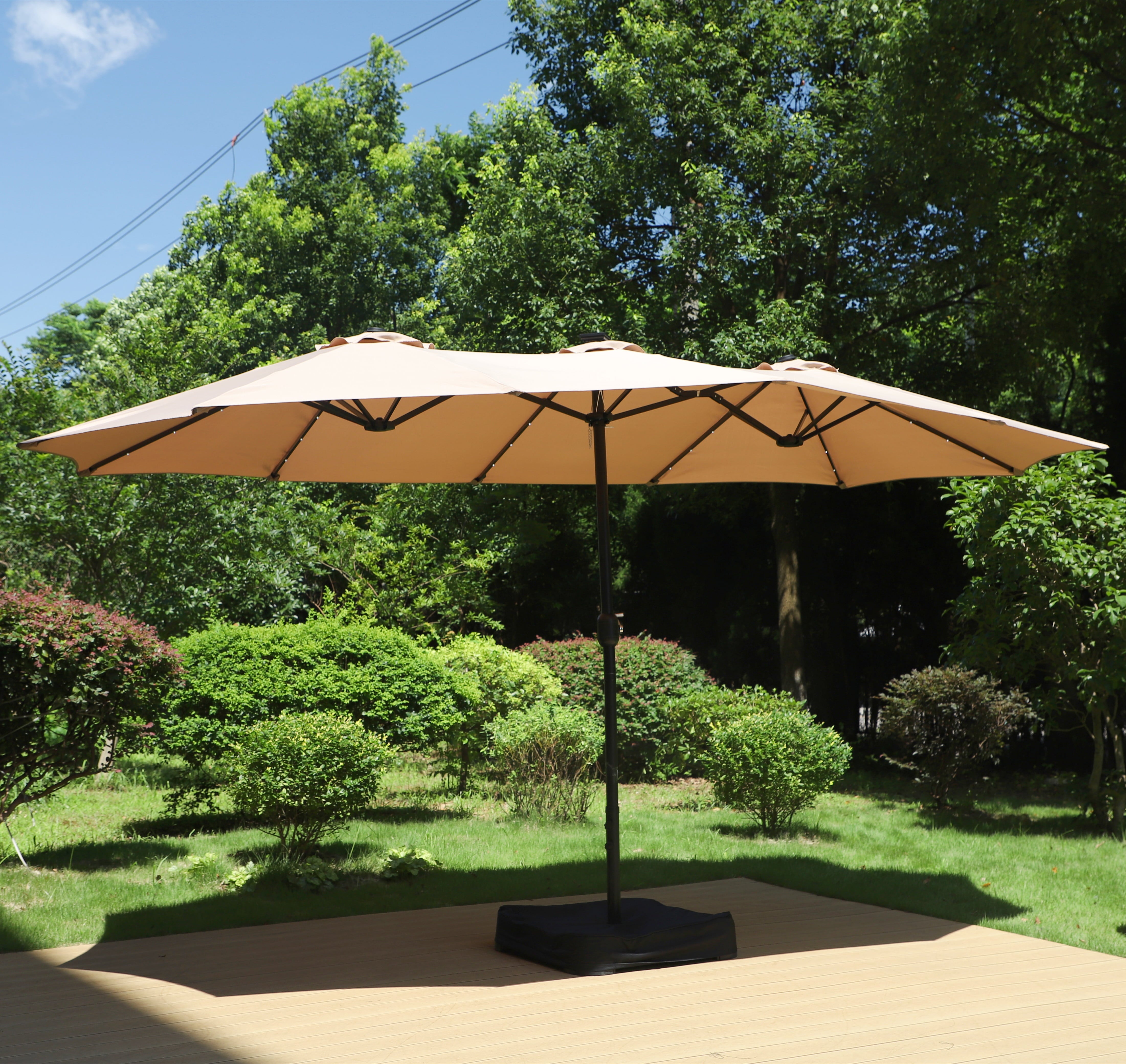 MF Studio 15ft Double-Sided Solar Patio Umbrella with Base Large Outdoor Table Umbrella with Crank Handle and 36 pcs LED lights, Beige