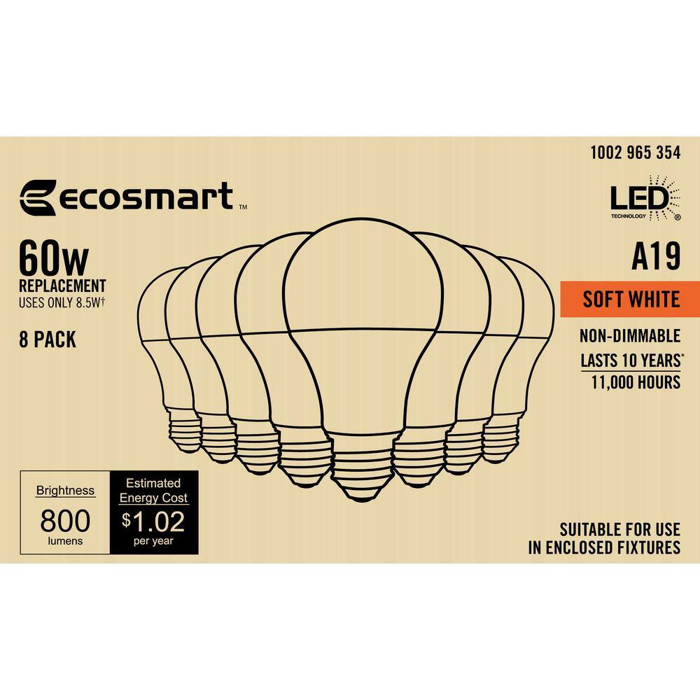 EcoSmart 60-Watt Equivalent A19 Non-Dimmable CEC LED Light Bulb Soft White (8-Pack) A9A19A60WT2048