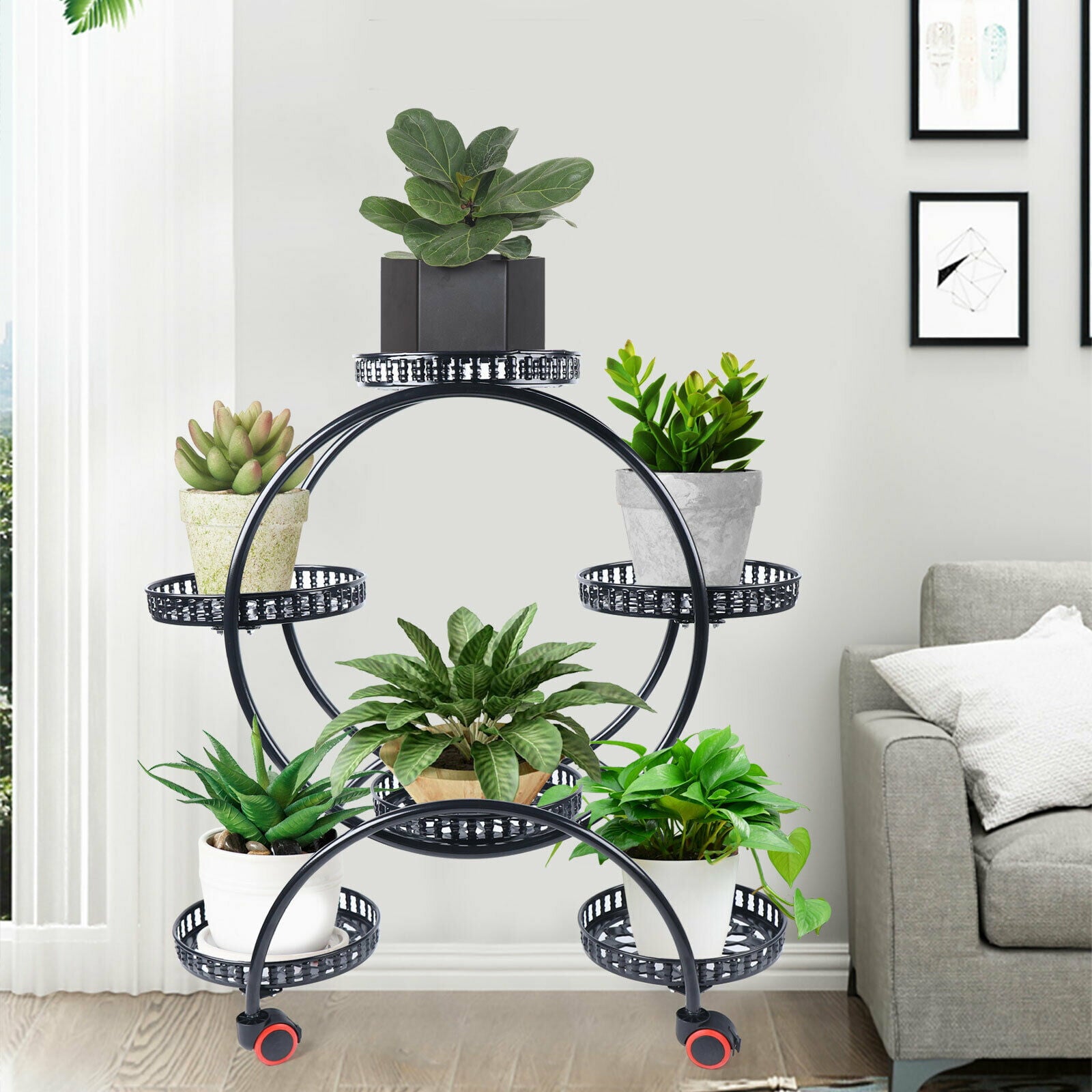 6 Pots Metal Plant Stand Display Shelf Rack With Wheels Home Office Store Decor Flowers Pot Holder Shelf Plant Metal Stand Rack Garden Plant Iron Holder Wheel Flower Pot Stand With Wheel Indoor Garden