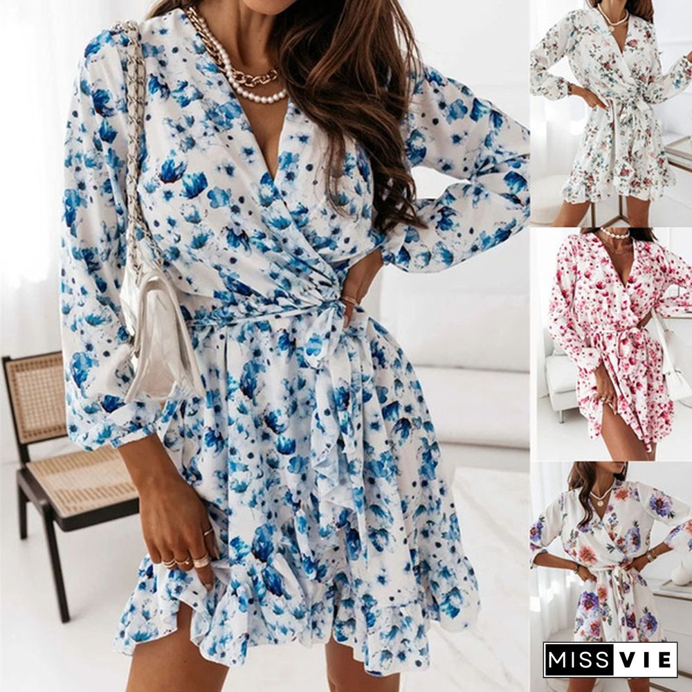 Fall Fashion Floral Print V-neck Long Sleeve Slim Mini Dress Ladies Elegant Vestidos