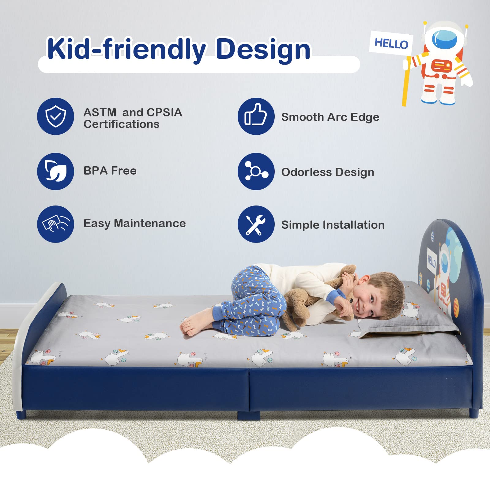 Costzon Twin Bed Frames for Kids, Wood Upholstered Twin Bed Platform with Slat Support