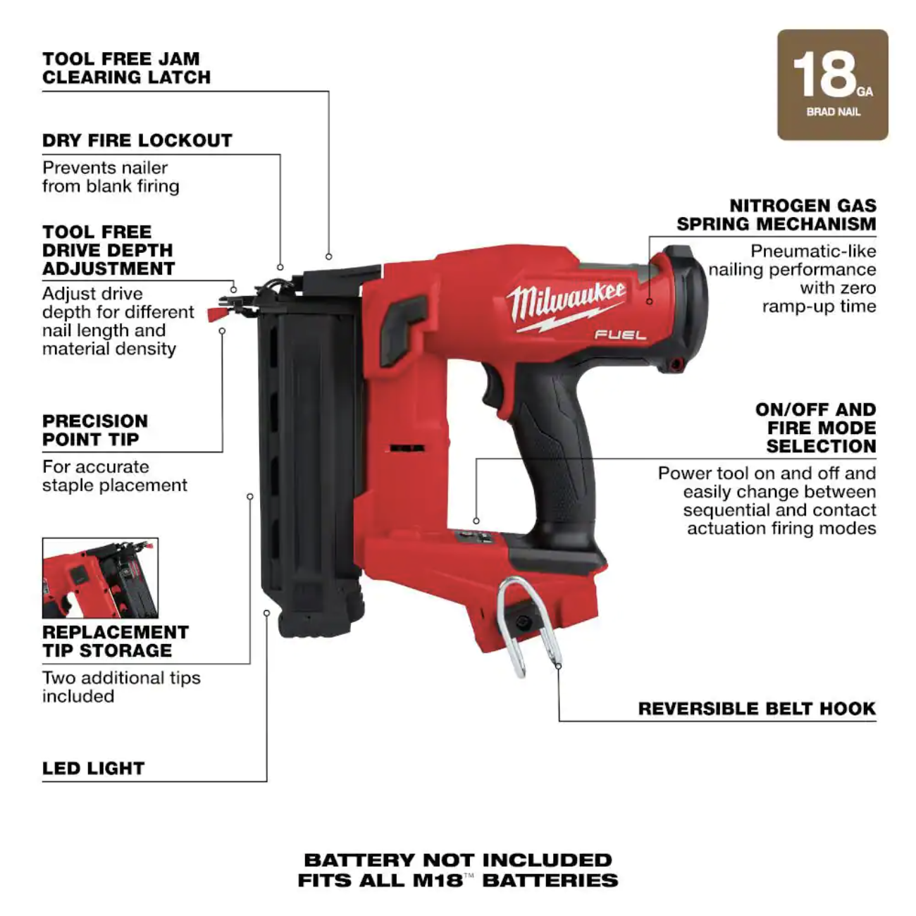 Milwaukee M18 FUEL 18V Brushless Cordless Gen II 18-Gauge Brad Nailer (Tool-Only) with Safety Glasses