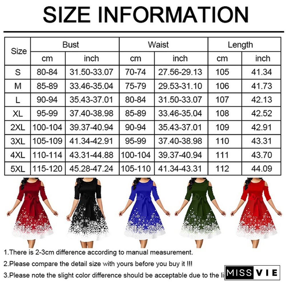 Women Fashion Belted Snowflake Print Christmas Dress Cold Shoulder Round Neck Party Dress Plus Size A-Line Dresses