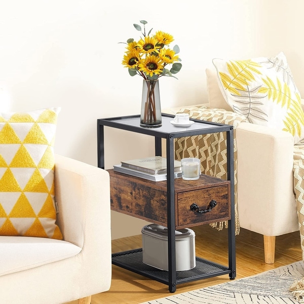 Modern Narrow Tempered Glass End Side Table/Tall Nightstand with Drawer and Shelf (Set of 2 )