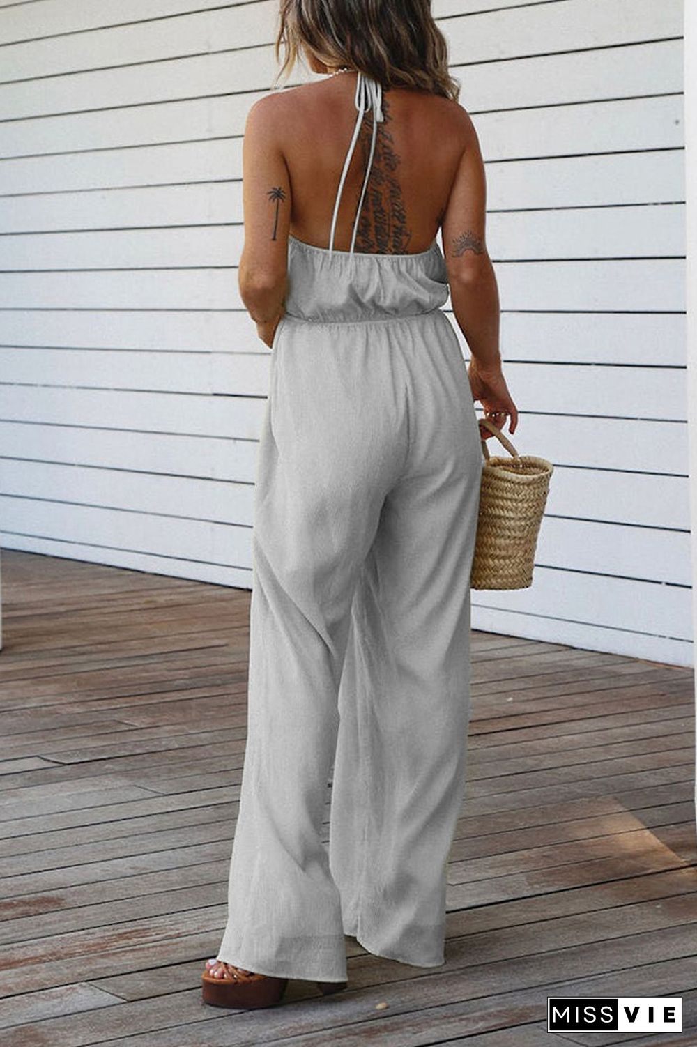 V Neck Halter Backless Wide Leg Jumpsuit