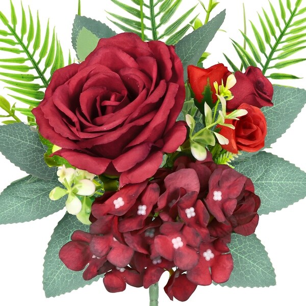 Set of 4 Burgundy Red Artificial Delicate Mixed Rose Hydrangea Flower Stem Bush Bouquet 11in