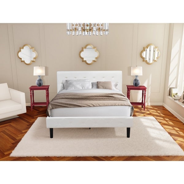 3 Piece Bedroom Set - 1 Platform Bed Upholstered White Velvet Fabric and 2 Night Stands - Burgundy Finish Nightstand - - 34702914