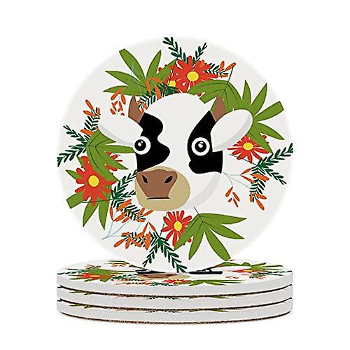 Round Drink Coasters 6 Pcs Cow With Flowers Leaves Absorbent Ceramic Coaster With Cork Base For Coffee Cups Housewarming Gift For Home Decor