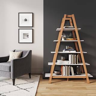 Nathan James Carlie White and Brown 5-Shelf Ladder Bookcase 62201