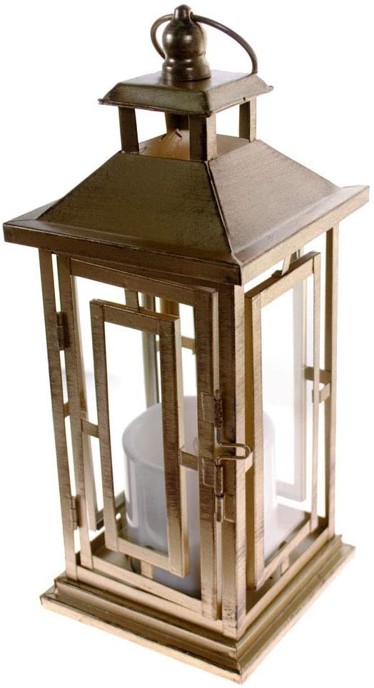 Shop4Omni 12 Inch Metal and Glass Tabletop Centerpiece Lantern with Flame-Less Candle Brushed Bronze， 6 - Pack