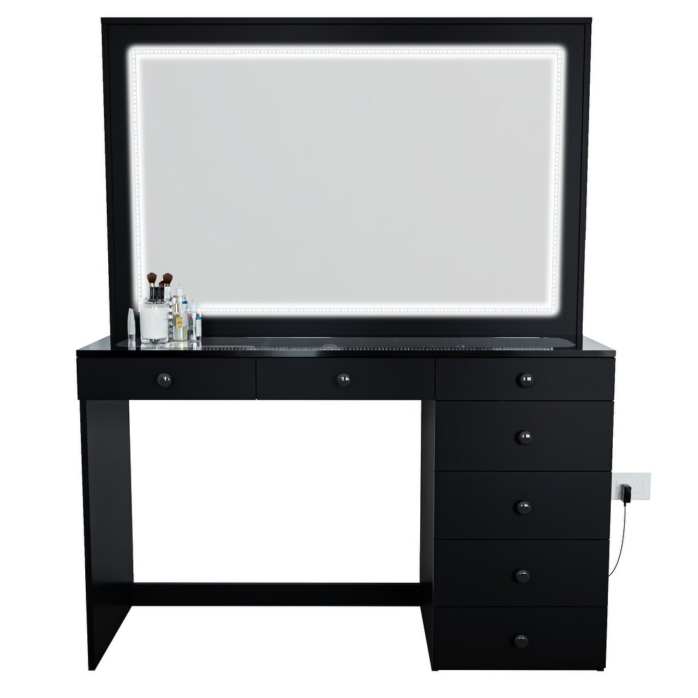 Boahaus Theia Modern Black Vanity Desk  7 Drawers