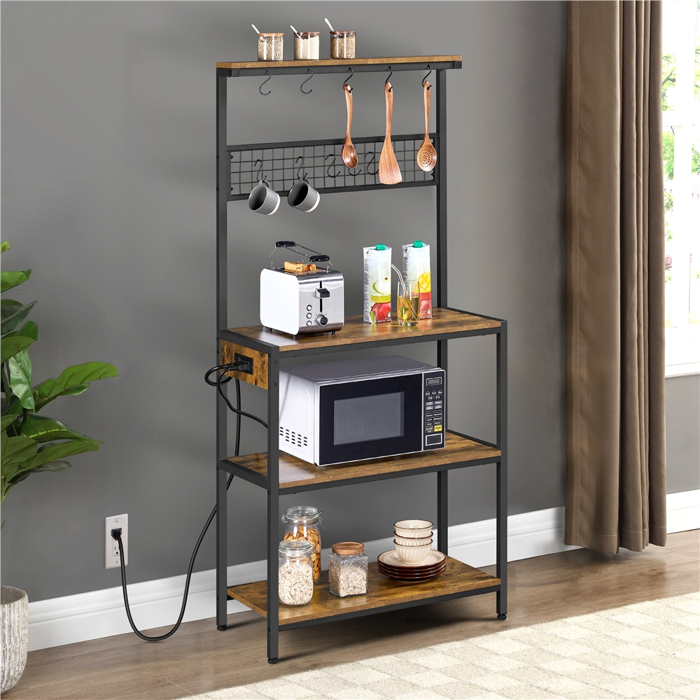 Topeakmart 4-tire Baker’s Rack with Power Outlet with 10 Hooks and Adjustable Feet for Kitchen， Rustic Brown