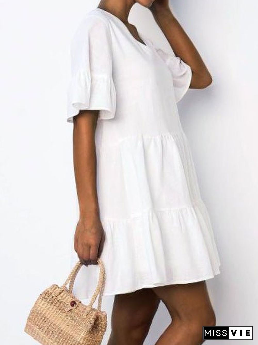 Women'S Dresses V-Neck Short Sleeve Ruffle Dress