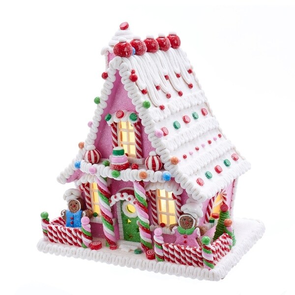 Kurt Adler 10Inch Pink BatteryOperated Candy LED Gingerbread House Table Piece