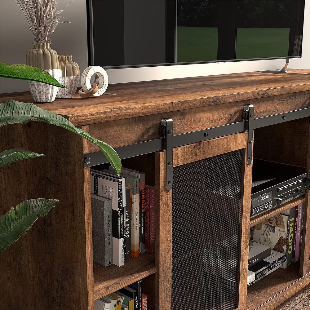TV Stand up to 65 Inches  Modern Entertainment Center with Sliding Barn Doors and Storage Cabinets  Metal Media TV Table