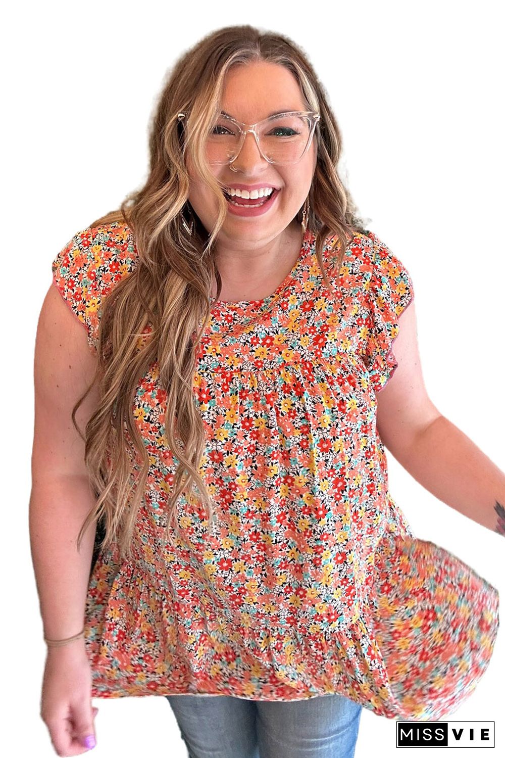 Multicolor Plus Size Boho Floral Print Ruffle Tiered Top