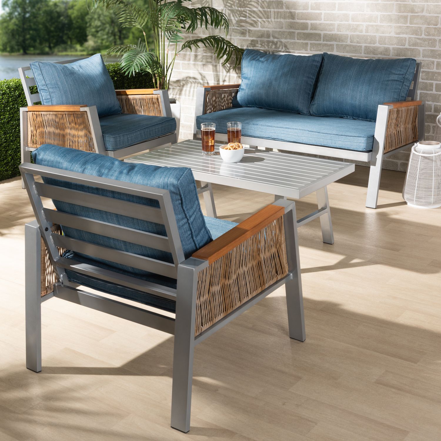 Baxton Studio Nicholson Patio Loveseat， Chair and Coffee Table 4-piece Set