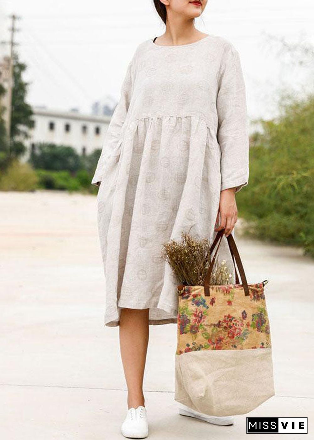 Bohemian linen outfit boutique Long Sleeve Jacquard Beige Pleat Dress